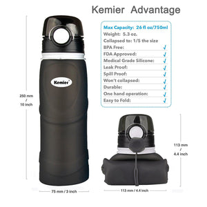 750ML COLLAPSIBLE BPA FREE SILICONE WATER BOTTLE (FDA APPROVED)