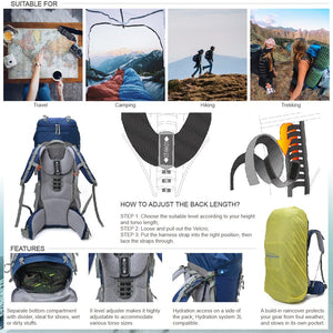 70L INTERNAL FRAME LONG DISTANCE BACKPACK *WITH RAIN COVER*